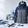 OEM development setup featuring technical shell jacket on mannequin, fabric swatches, zippers, and design tech packs on desk.