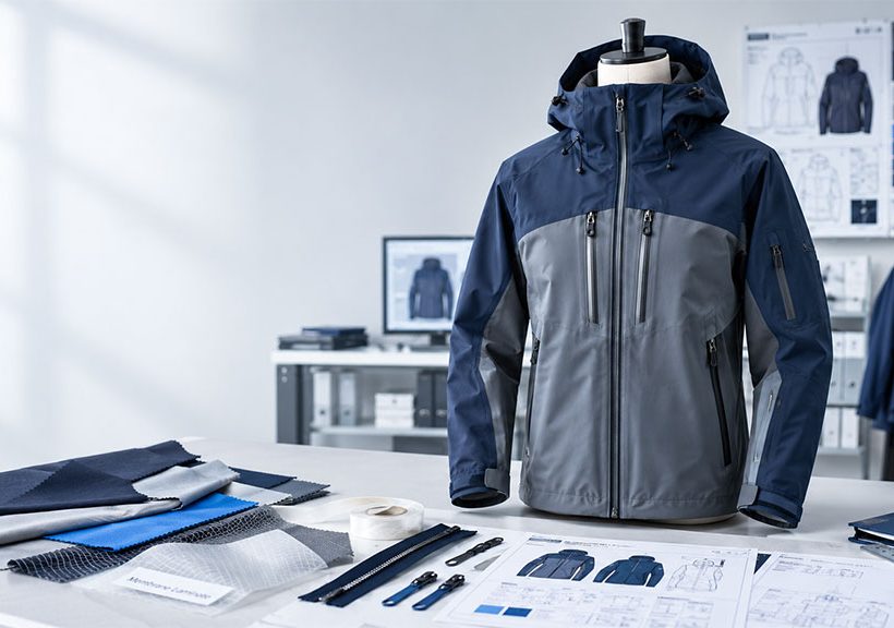 OEM development setup featuring technical shell jacket on mannequin, fabric swatches, zippers, and design tech packs on desk.