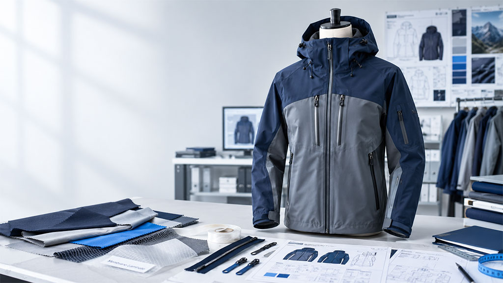 OEM development setup featuring technical shell jacket on mannequin, fabric swatches, zippers, and design tech packs on desk.