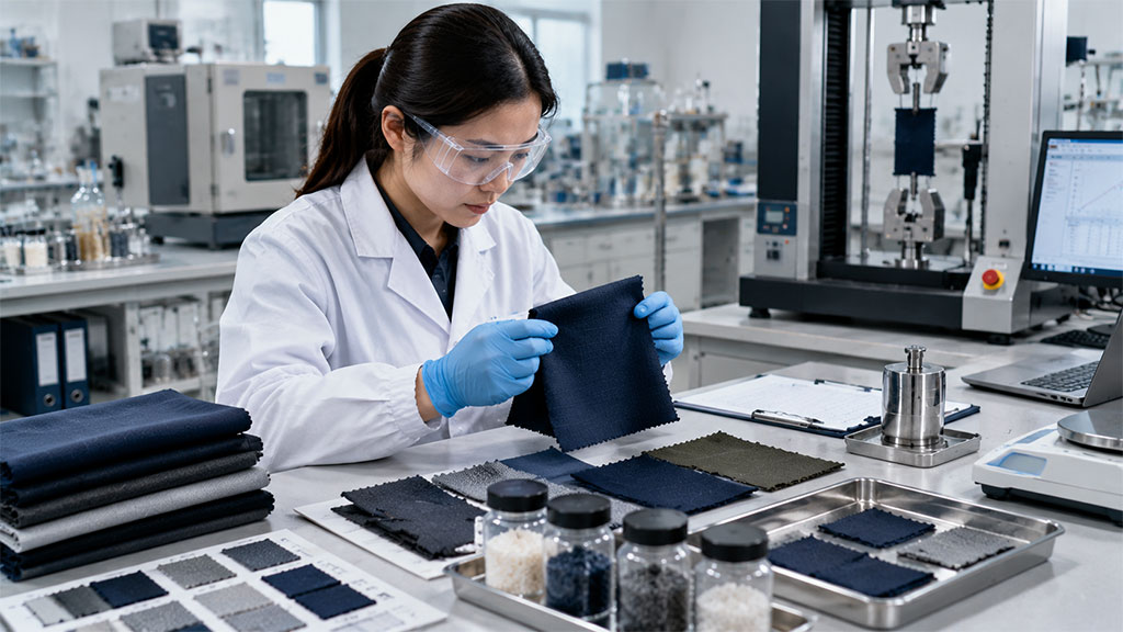 Textile laboratory technician inspecting fabric swatches for chemical compliance, surrounded by color charts and raw material samples.